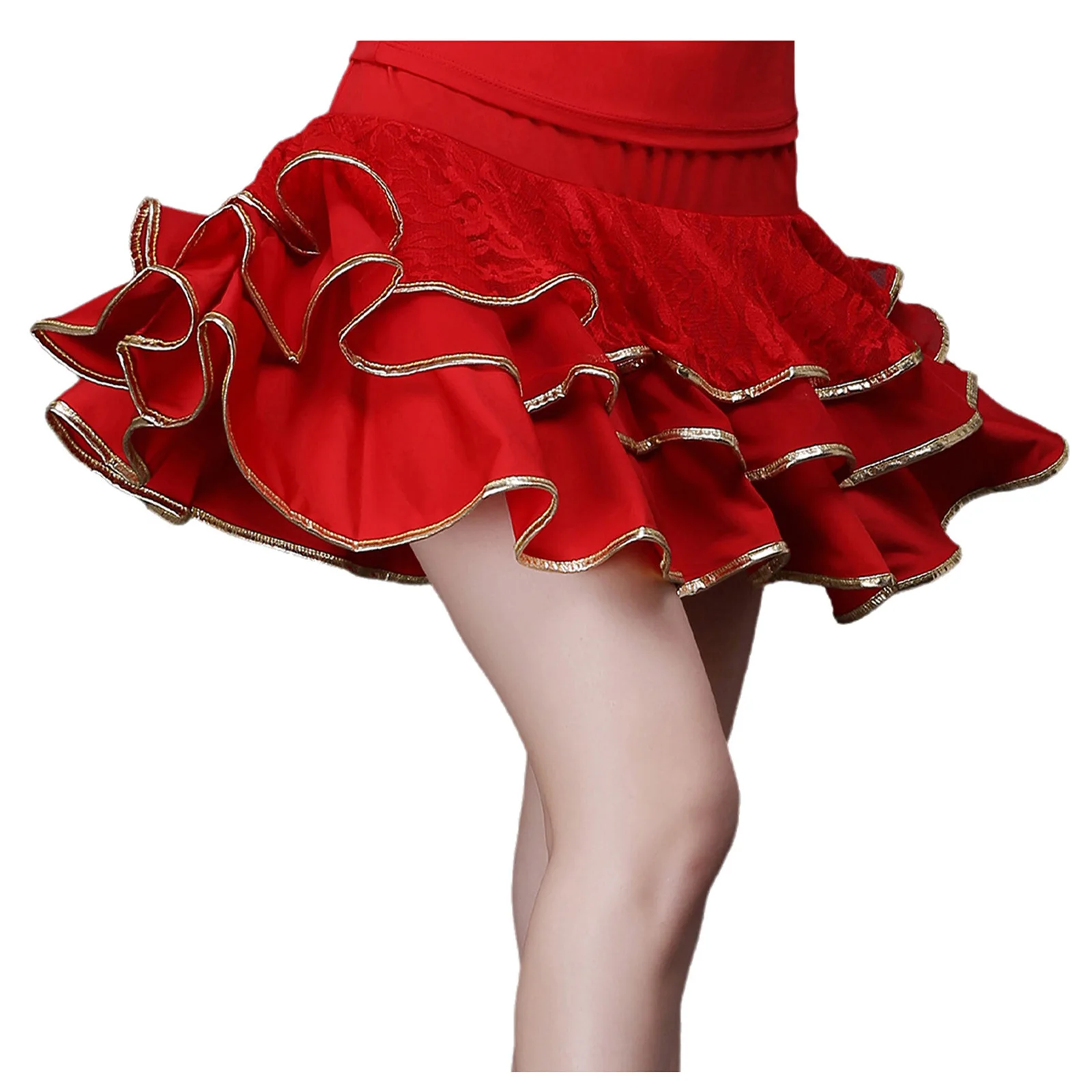 

Womens Trim Tiered Ruffled Hem Swing Skirt for Latin Dancing Contrast Color Modern Dance Costume Chacha Tango Short Lotus Skirt