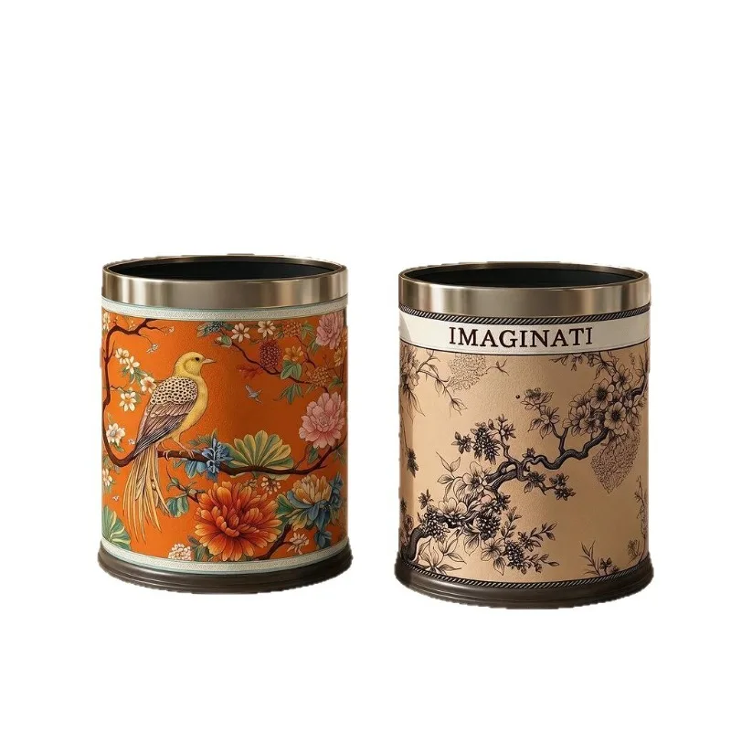 New Chinese Retro Faux Leather Trash Can, Waterproof Large Capacity Open Waste Bin for Study & Tea Room Home Decor