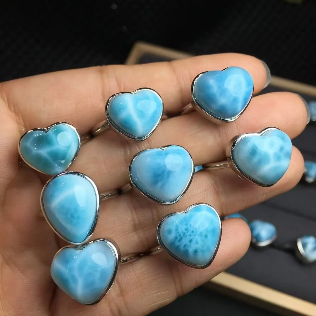 

1 Pc Fengbaowu Natural Dominican Republic Larimar Heart Ring 925 Sterling Silver Reiki Healing Stone Jewelry Gift Women