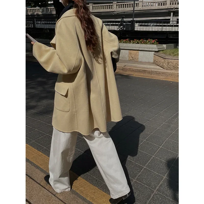 [Clearance specials are non-refundable and non-exchangeable] New solid-color horn buckle double-sided wool coat for women in