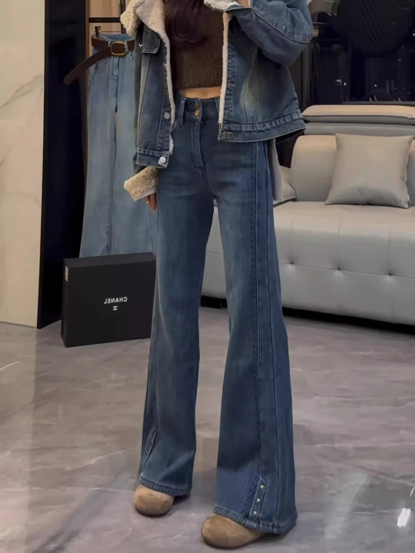 

Синие джинсы-буткат с флисовой подкладкой для женщин, с высокой талией, свободные, прямого кроя, повседневные, зимние, новинка, с эффектом похудения