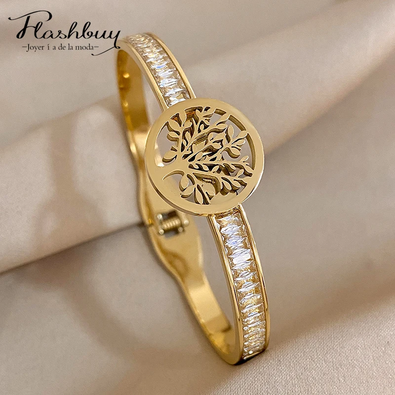 Flashbuy Tree of Life Stainless Steel Bangles Bracelets for Women Statement Inlay Zircon Wrist Waterproof Fashion Jewelry