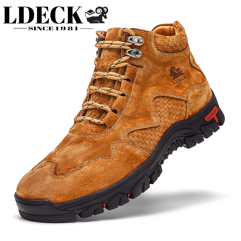 LDECK Men's Mid Top Boots Yellow Black Beige Lace Up High Top Non Slip Sole for Casual Pants Work Pants Youth Trendy Daily Wear