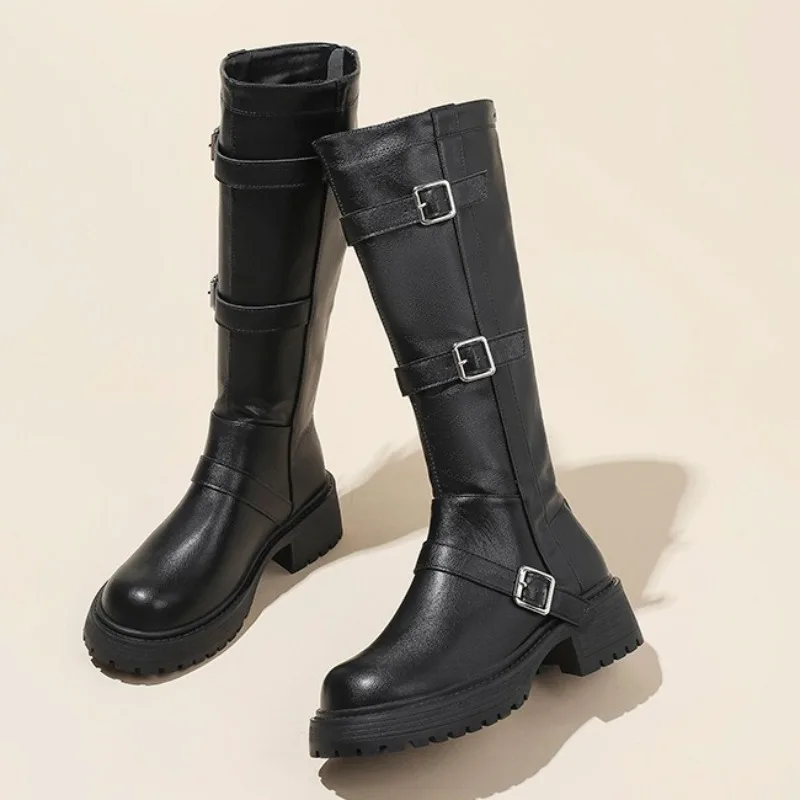 Women's Boots Fashion Thick Sole Casual Leather Boots Belt Buckle Knee-high Boots Women's Long Tube Knight Boot Botas Feminina