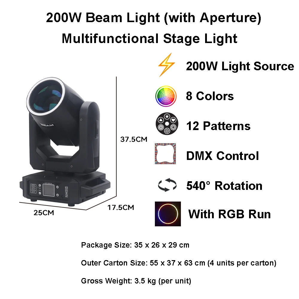 

200W RGB LED Stage Light 12 Patterns 8 Colors 6 Prism 540° X-axis 200° Y-axis DMX512 Sound Activated for Party Event DJ Club