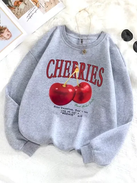 Kawaii Fashion Womens Sweatshirt Fresh Red Cherries Printing Pullover Crewneck Soft Breathable Hoodie Autumn Female Streetwear