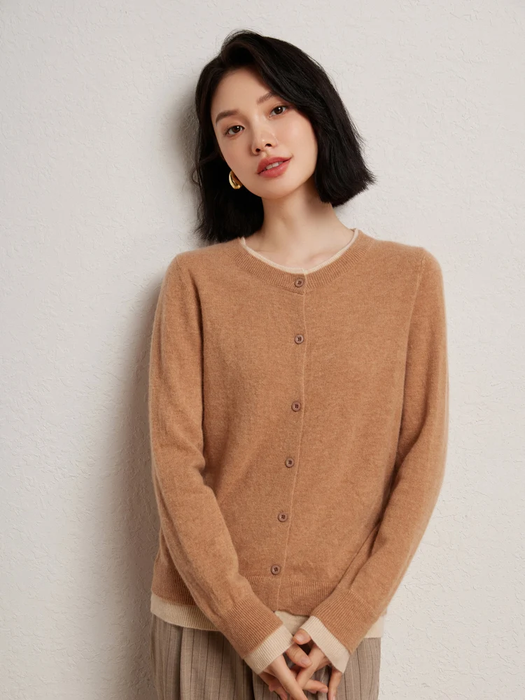 

Luxury Contrasting Color Cardigan Sweater Women's Simple Style Autumn Winter 100% Cashmere Knitwear O-Neck Casual Clothing Tops