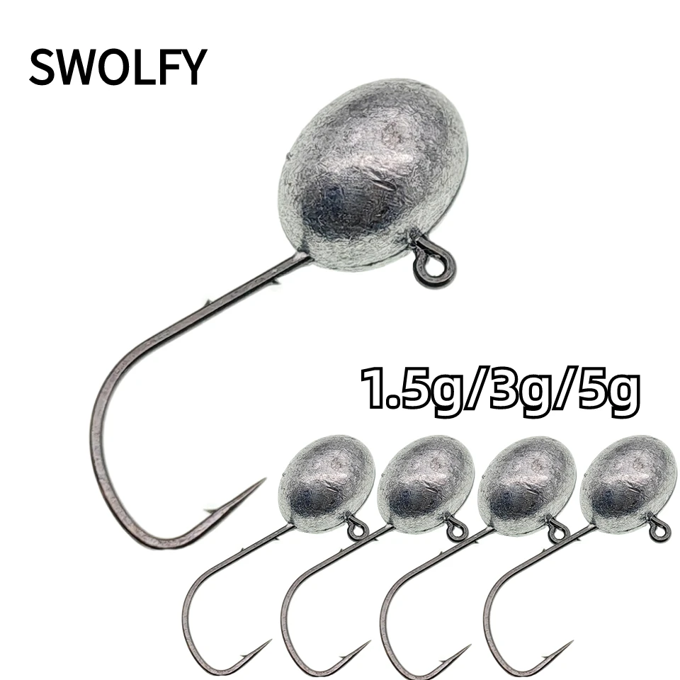 Swolfy 10pcs 1.5g/3g/5g Jig Head Hook Oval Shape Baitholder Design Soft Worm Bait Lure Jigging Hook for Bass Perch