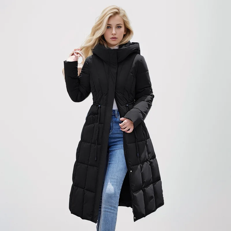 YJKDYK 2024 Winter Women\'s Long Cotton Jacket Female Knee Length Slim Fit Hooded Waistband Parkas Coats Women\'s Thick Warm Coats