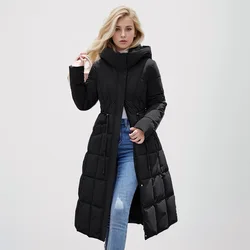 YJKDYK 2024 Winter Women's Long Cotton Jacket Female Knee Length Slim Fit Hooded Waistband Parkas Coats Women's Thick Warm Coats