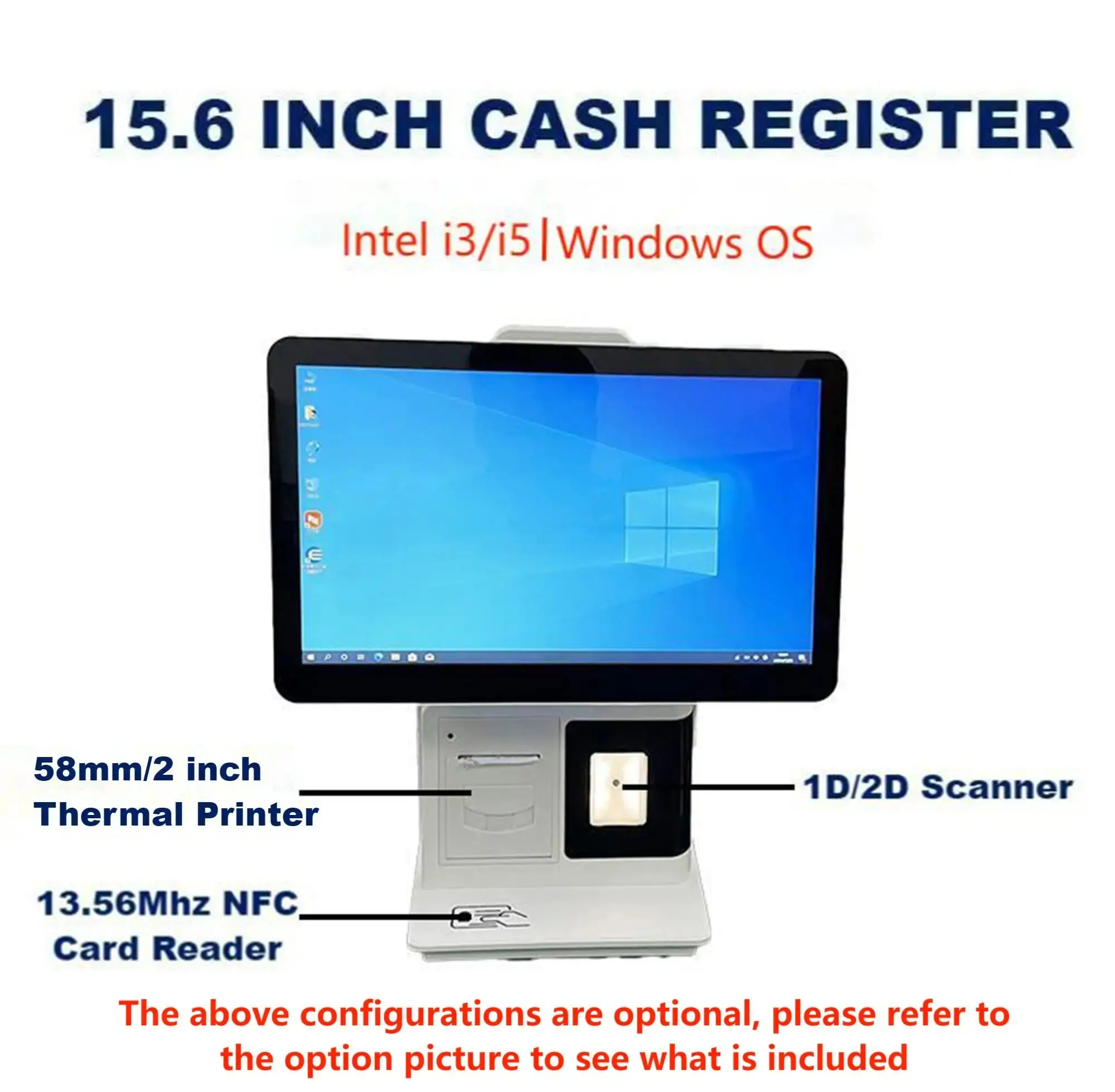 Single or Dual Screens Windows POS Terminal with 2 D Scanner 58 mm Thermal Printer i 3/i 5 Touch Screen Win 10 Cash Register