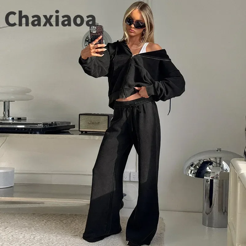 

Chaxiaoa толстовка с капюшоном, повседневные длинные брюки, комплект из 2 предметов, женская модная осенняя толстовка на молнии и комплект длинных брюк на шнурке