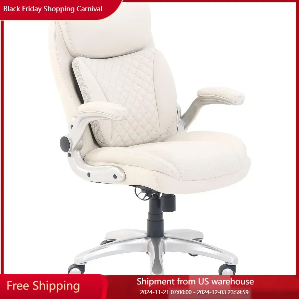 Ergonomic Executive Office Desk Chair with Flip-up Armrests and Adjustable Height, Tilt and Lumbar Support, Cream Bonded Leather