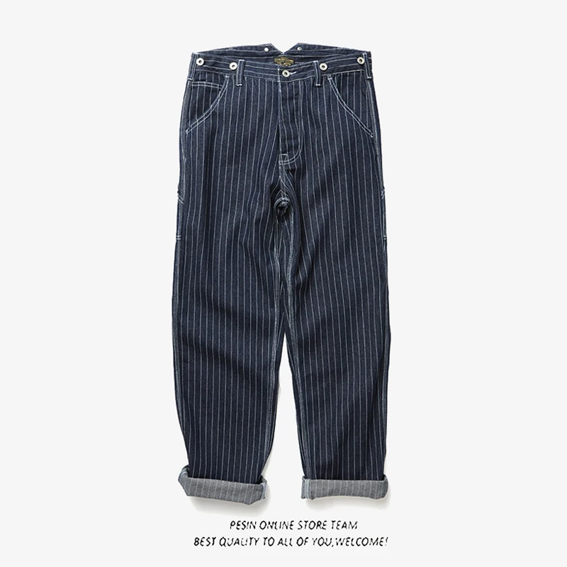 

Мужские джинсы в японском ретро-стиле, полосатые, свободного кроя, в уличном стиле, повседневные, широкие, модные, брендовые, из хлопкового денима