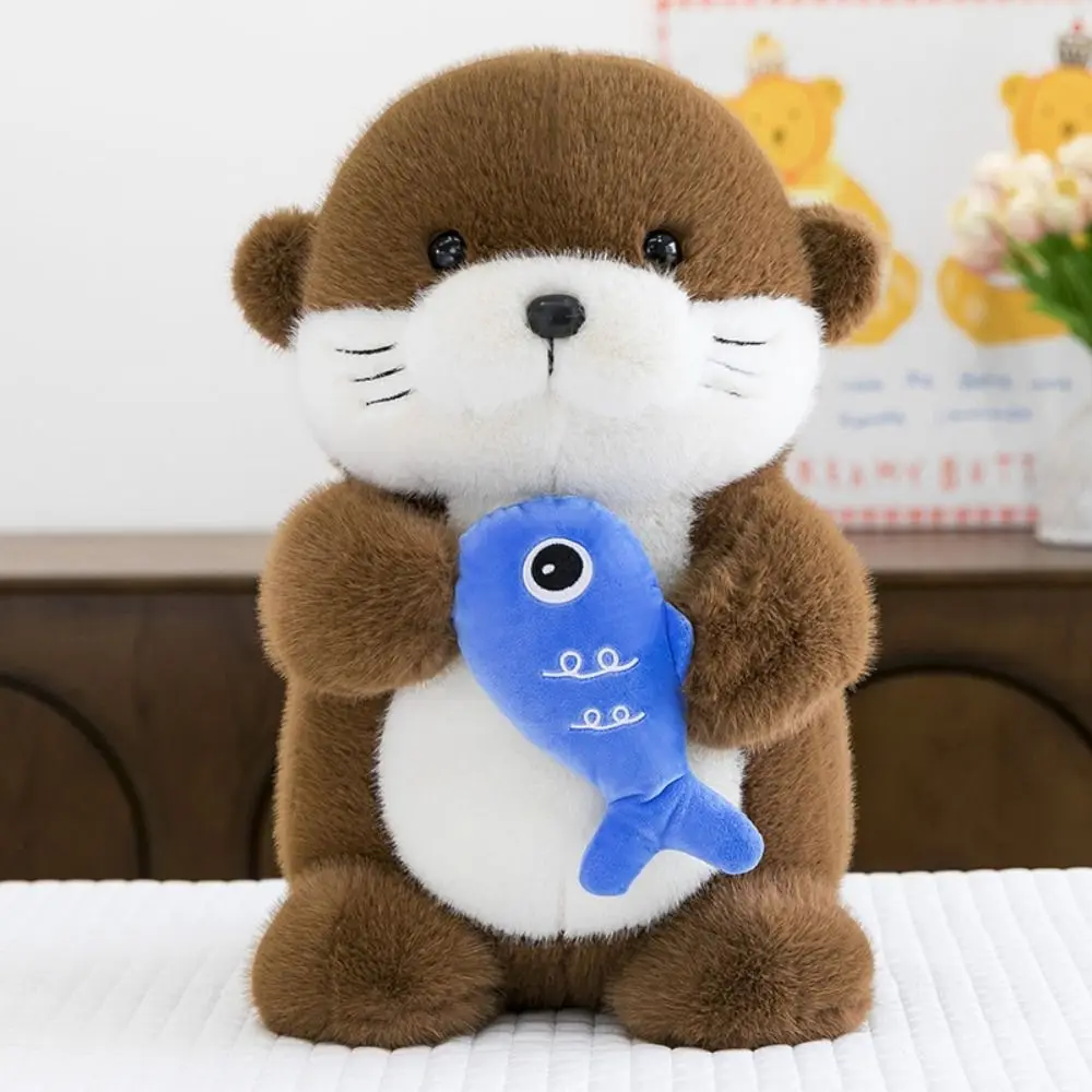 Serie Kawaii Ornamenti Fluffy Otter Collezione morbida che tiene il pesce Lontra Cartoon 35 cm Farcito Lontra Cuscino Bambini Ragazze Ragazzi