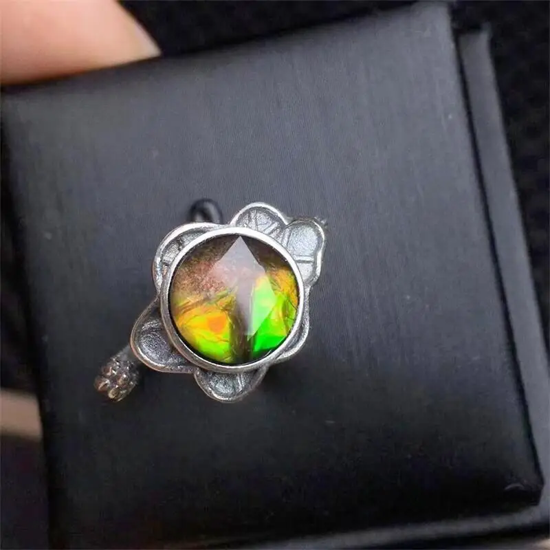 

S925 Natural Ammolite Ring Crystal Polishing Aura Jewelry Trendy Creative Women Party Fashion Holiday Gift 1PCS