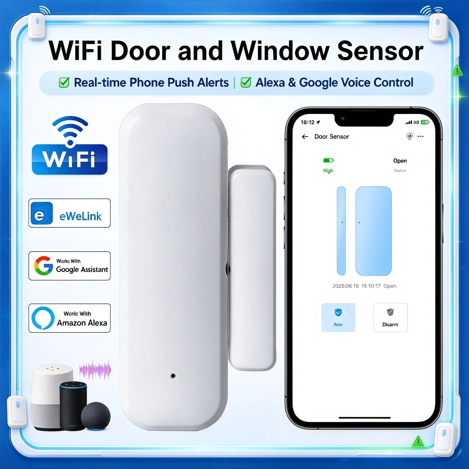 WiFi Door Window Magnetic Contact Sensor eWeLink APP Push Alert Smart Home Security Anti Intrusion Detector Alexa Google Home