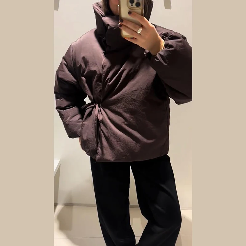 

Fashion Lace Up Brown Cotton Jacket Women Loose Stand Collar Long Sleeve Thick Coat 2025 Autumn Winter Lady Warm Street Outwear