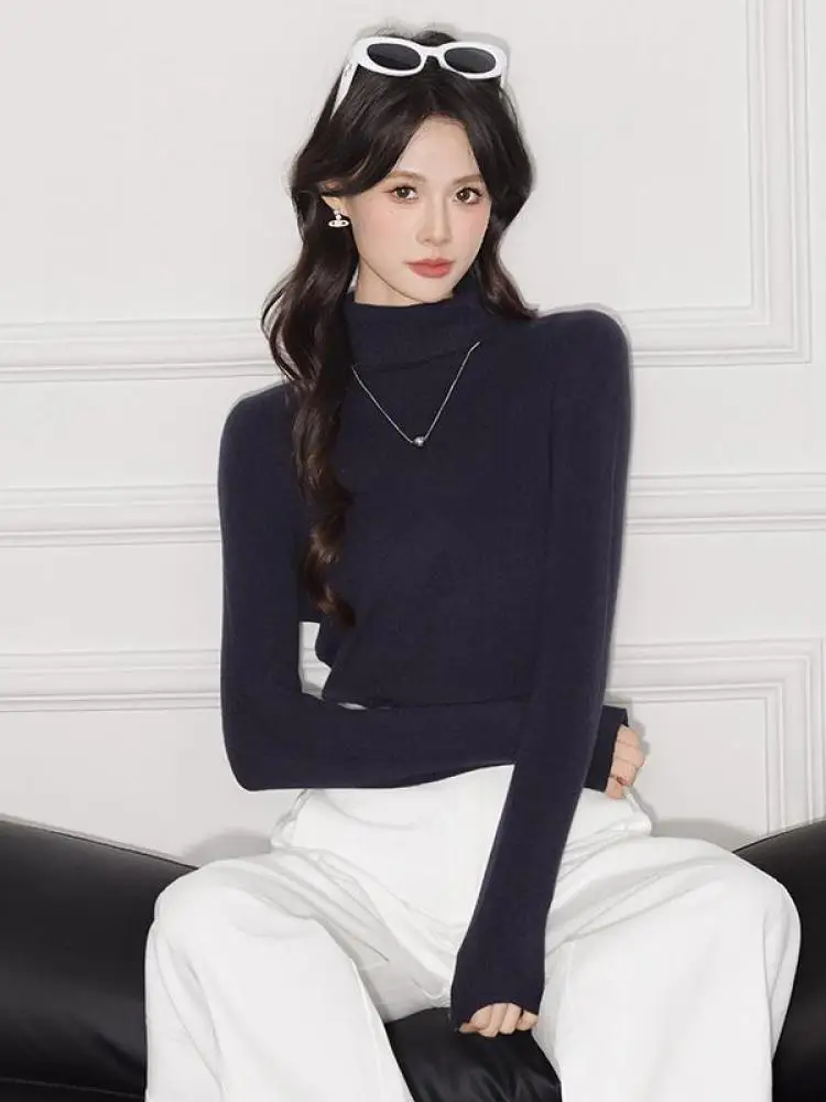 

Korean Autumn Winter Solid High Neck Long Sleeved Sweater Women Elegant Versatile Pullover Short Knitting Tops Simplicity Casual