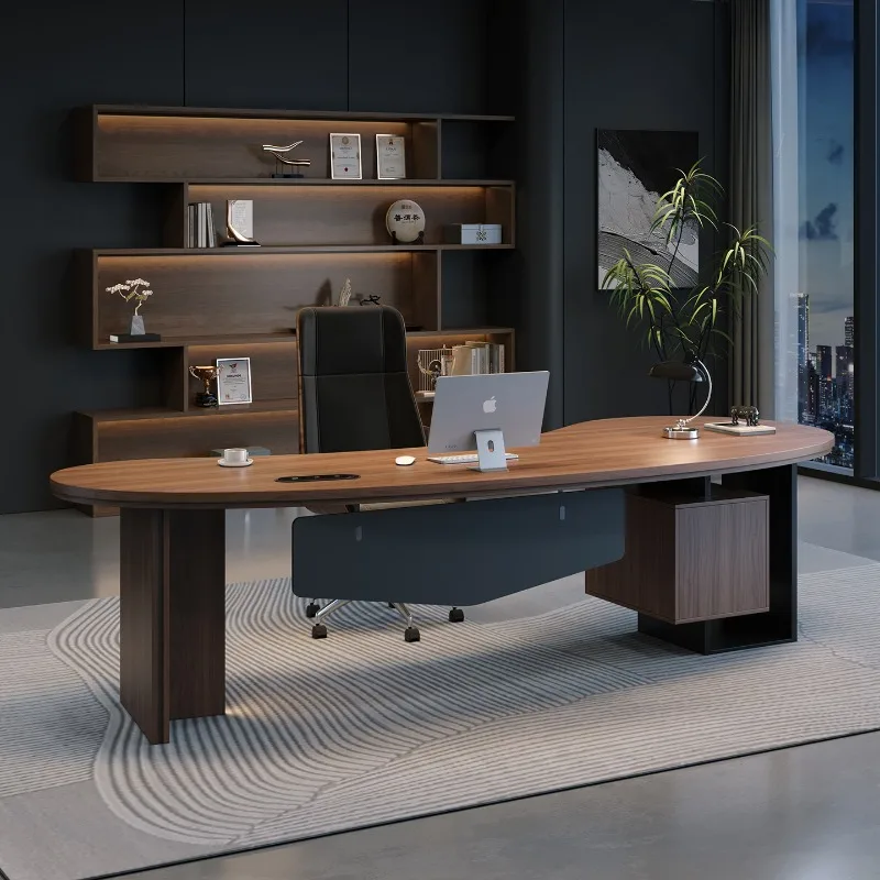 

ec-curved wood table vintage minimalist walnut color computer desk aesthetic high-end escritorios con cajones office furniture-