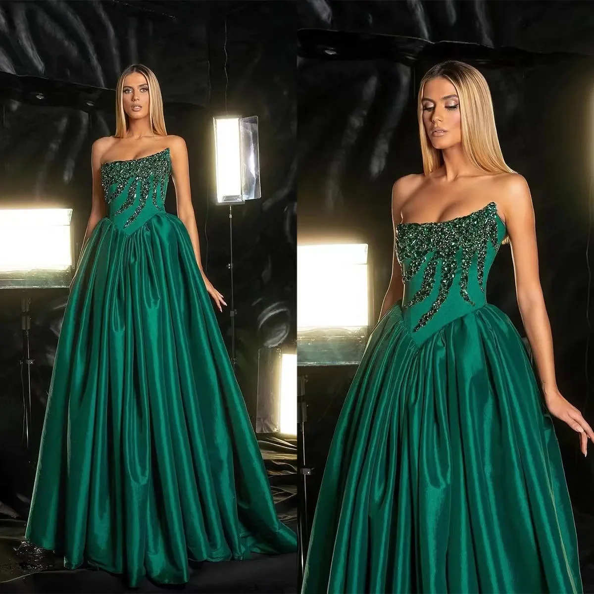 Customized Classic Strapless And Gorgeous Evening Gown  Sleeveless Design, Sequins, Decals, And A Trailing Design,