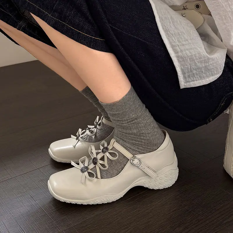 2026 new spring autumn women pumps natural leather 22-25.5cm sheepskin square toe t-buckle mary janes butterfly-knot women shoes
