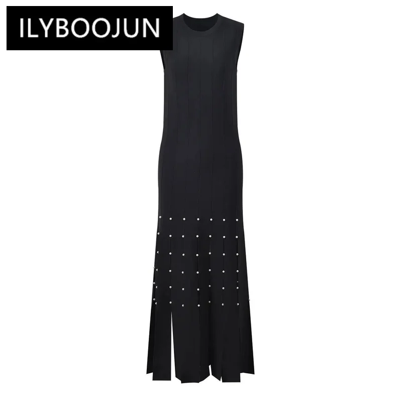 

French Style Lady 2024 Summer O-neckline Sleeveless Women Knitted Slim Fitted Ladies Long Tassel Dresses BrHigh Quality