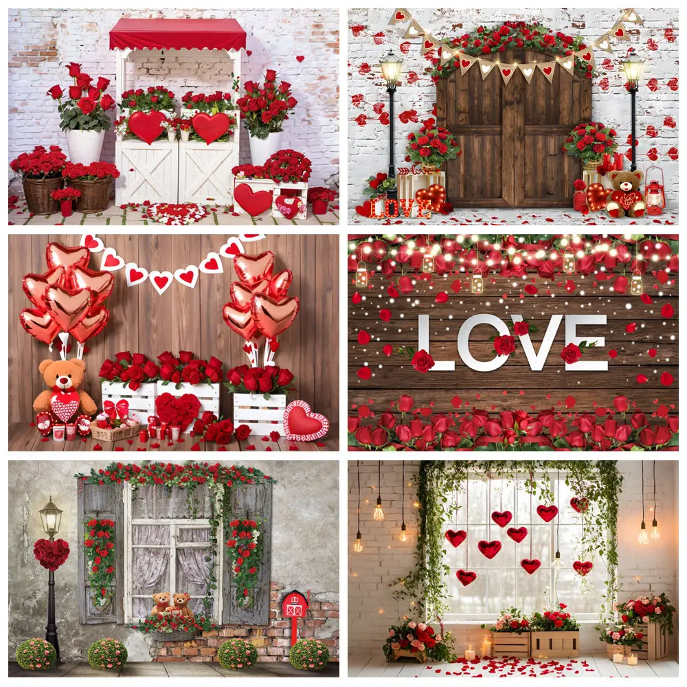 

Valentine's Day Photography Backdrops February 14 Red Rose Love Heart Balloons Wedding Portrait Background Decor Photo Studio