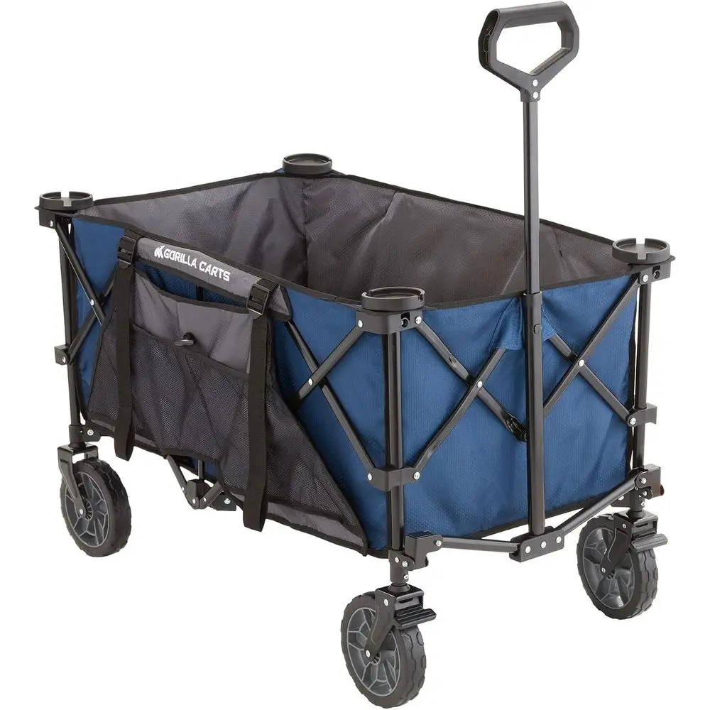 Collapsible olding Outdoor Utility Wagon, 7 Cu t Oversized Bed, 150 lb Load Rating, Blue – oldable Rolling Cart w/ kets & Cup Ho