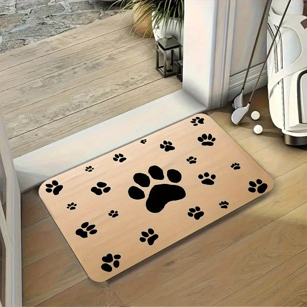 Wood grain pet paw print pattern doormat, machine washable polyester material, suitable for bedroom and living room decoration.