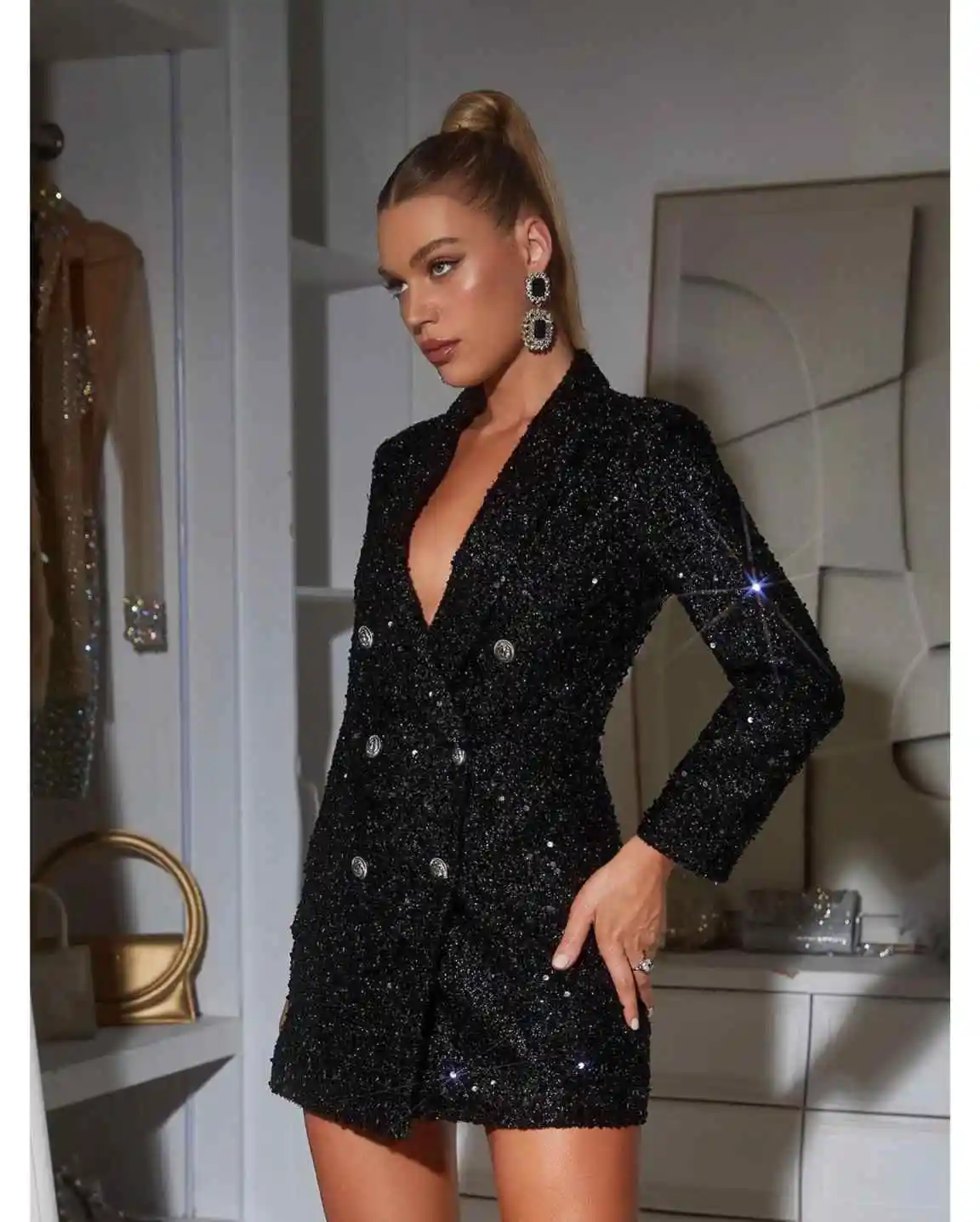 Sequined Women Blazer Dress Formal Sequins Ladies Prom Birthday Party Wear Outfit One Piece Customized