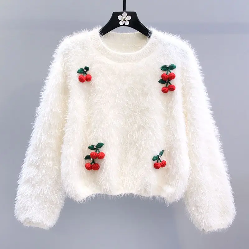 

Японский милый трехмерный свитер вишневого цвета, женский осенне-зимний новый свободный вязаный свитер, топ