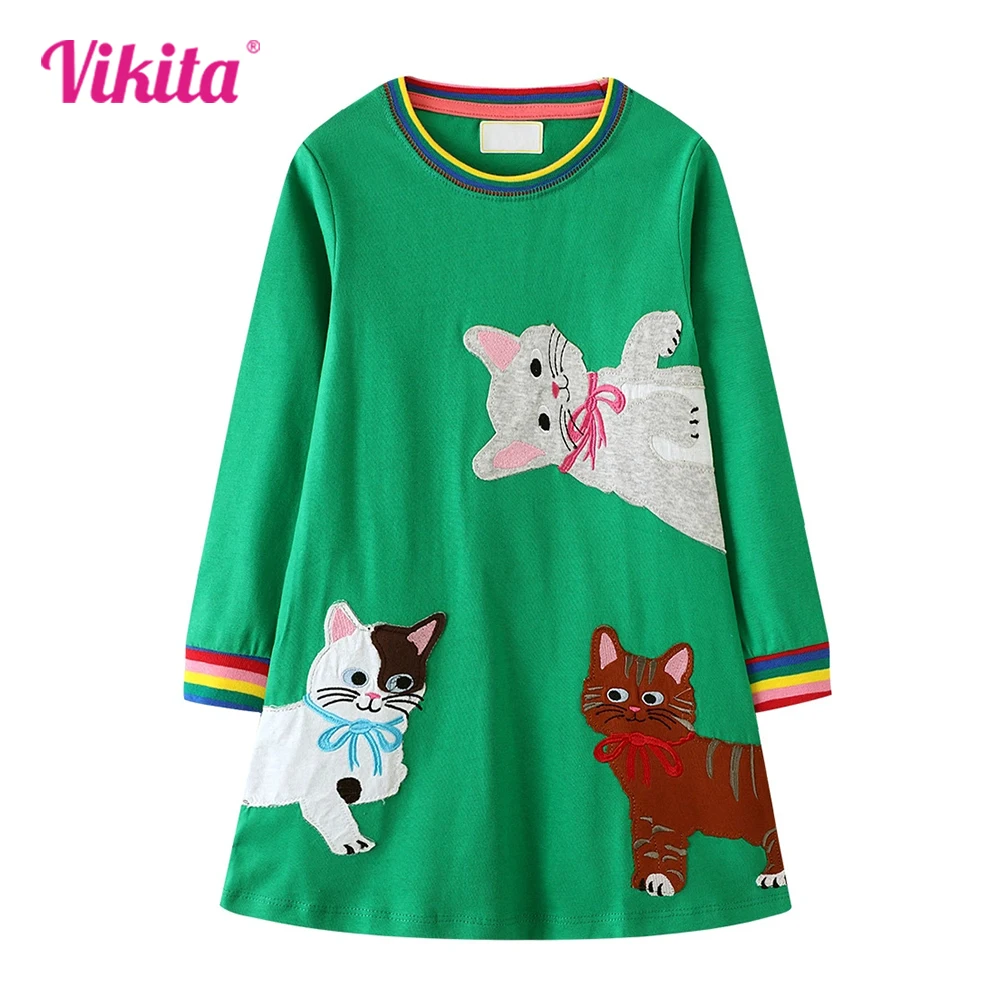 

VIKITA 2025 New Children Clothing Kids Cat Cartoon Appliqued Spring Autumn Long Sleeve Cotton Casual Daily Straight Frocks 3-7Y