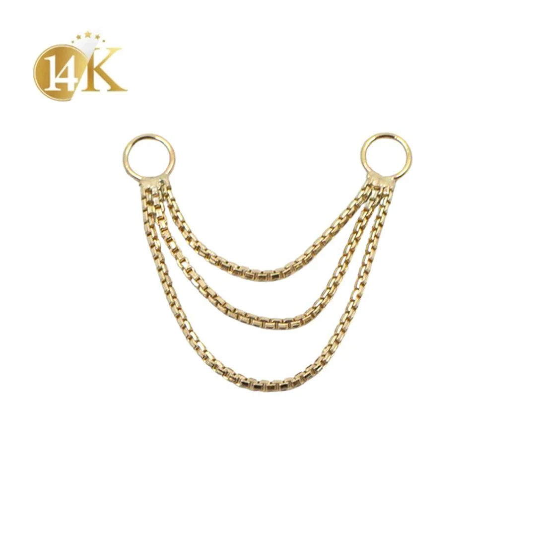 Custom 14KT Solid Yellow Gold Piercing Jewelry Box Chains For Ear Connector Nose Chains