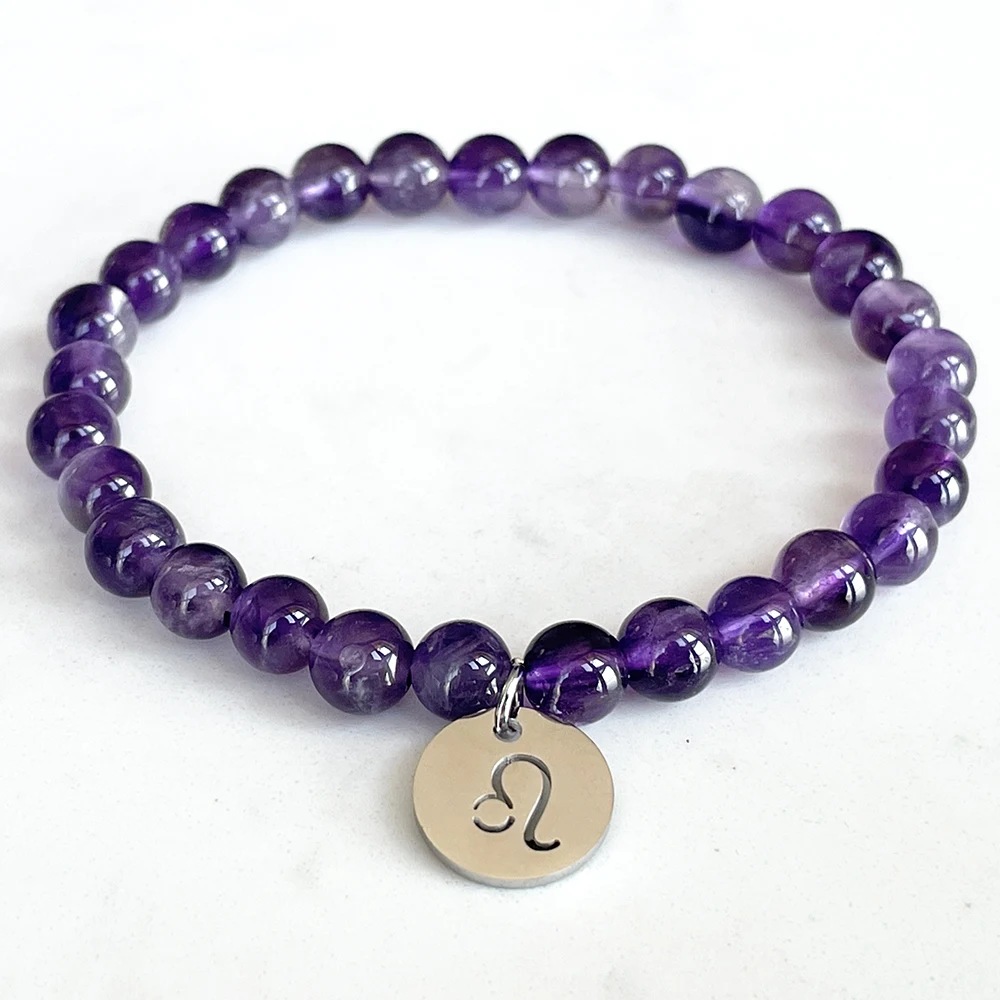 MG1753 Fashion Womens Leo Zodiac Bracelet 6 MM Brazil Amethyst Chakra Yoga Wrist Mala Handmade Natural Gemstone Jewelry