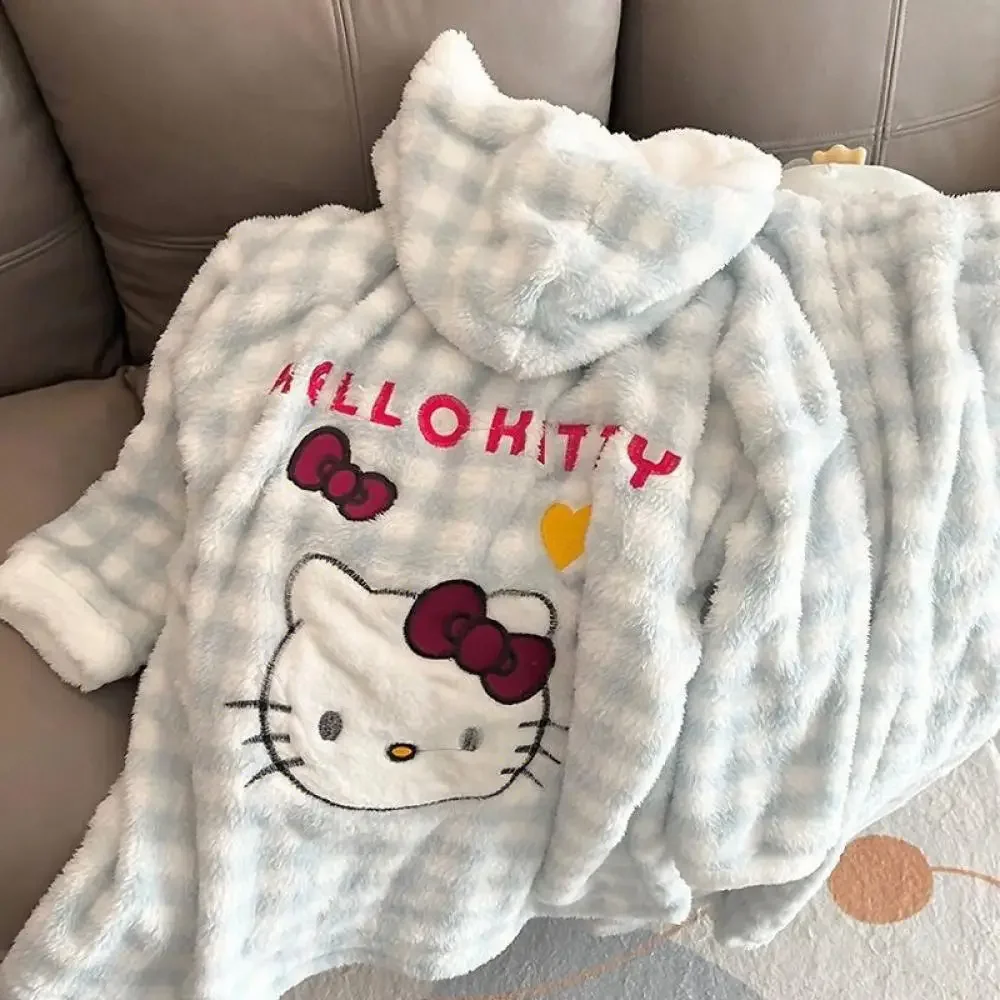 Sanrioed Hello Kitty Pajamas Pants Suit Anime Cinnamoroll Women Cute Kawaii Winter Cardigan Plush Coral Fleece Cartoon Homewear