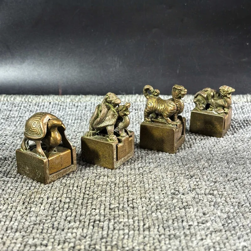 Brass set of four mythical beasts: Green Dragon, White Tiger, Red Bird, Black Tortoise, mother-and-child copper seals, squar