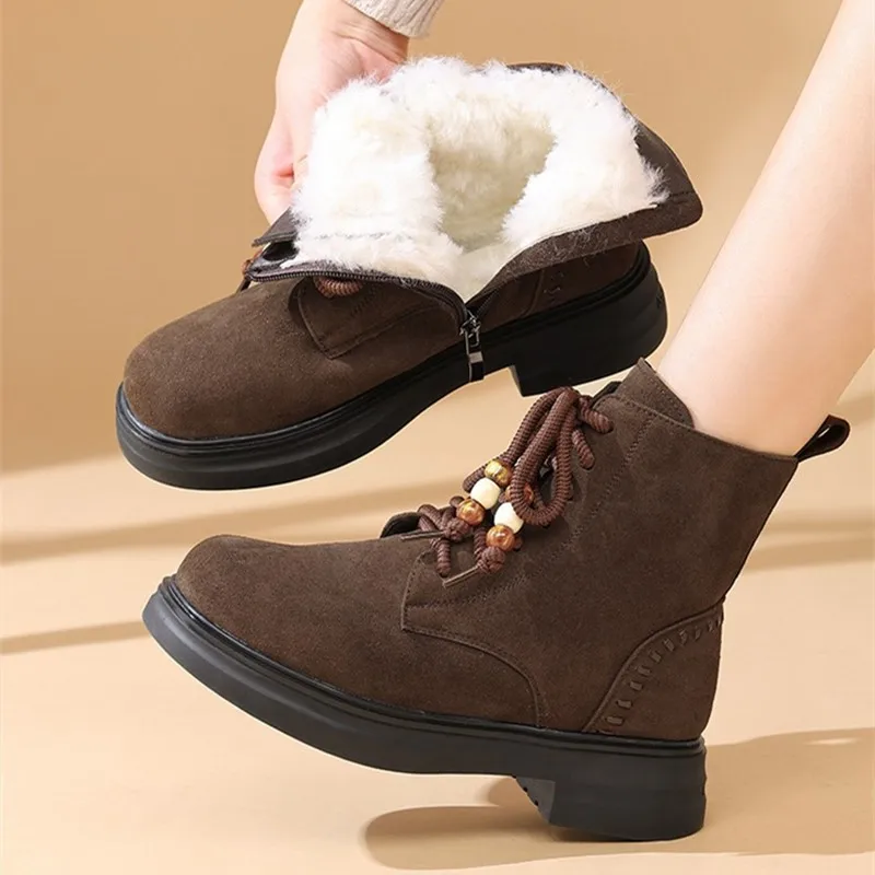 Cowhide Suede Ladies' Ankle Boots, with Beaded Lace, Warm and Retro Casual Boots Suitable for Autumn, Winter and Ankle-length.