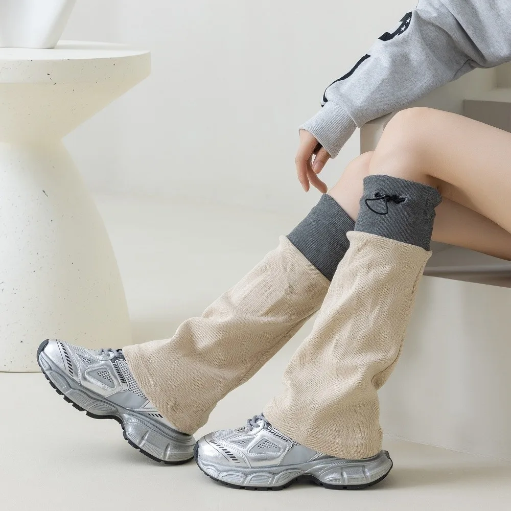 1 pair Middle Tube Leg Warmers Breathable Gray Spliced Foot Cover Adjustable Buckle Drawstring Closure Boot Cuffs Autumn Winter