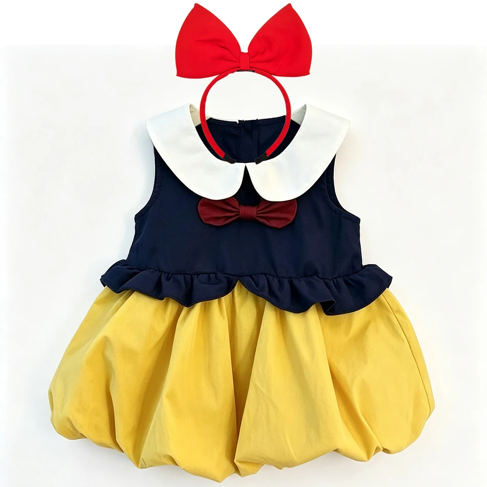 Girls Snow White Bubble Dress White Peter Pan Collar Burgundy Front Bow Ruffled Hem for Daily Wear Baby Photo Shoot