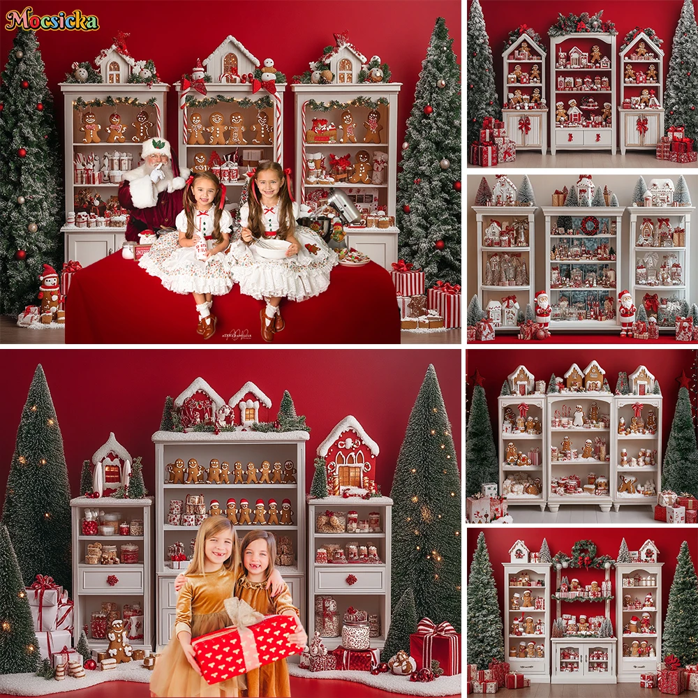 Red Christmas Kitchen Background Photography Santa Candy Bar Cabinet Gingerbread Man Cookies Xmas Tree Backdrop Kids Photo Decor