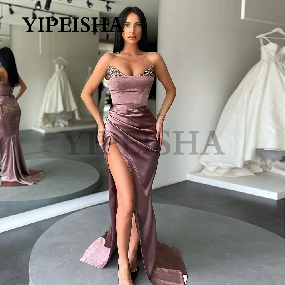 

Strapless Mermaid Evening Dresses Glittery Sequined Side High Split Long Prom Gown Jersry Party Dress robes de soirée فساتين الس