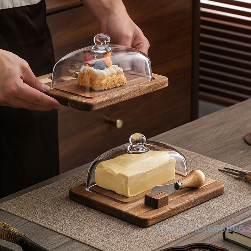 

Retro Wooden Butter Box With Knife And Fork Cheese Butter Cheesecake Dessert Plate Storage Tray Clear Glass Lid Storage Boxes
