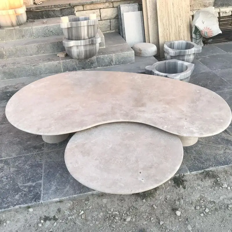 xx-Modern Furniture Natural Beige Travertine High and Low Sets 2 Triangle Marble Side Tea Table Travertino Coffee Table^
