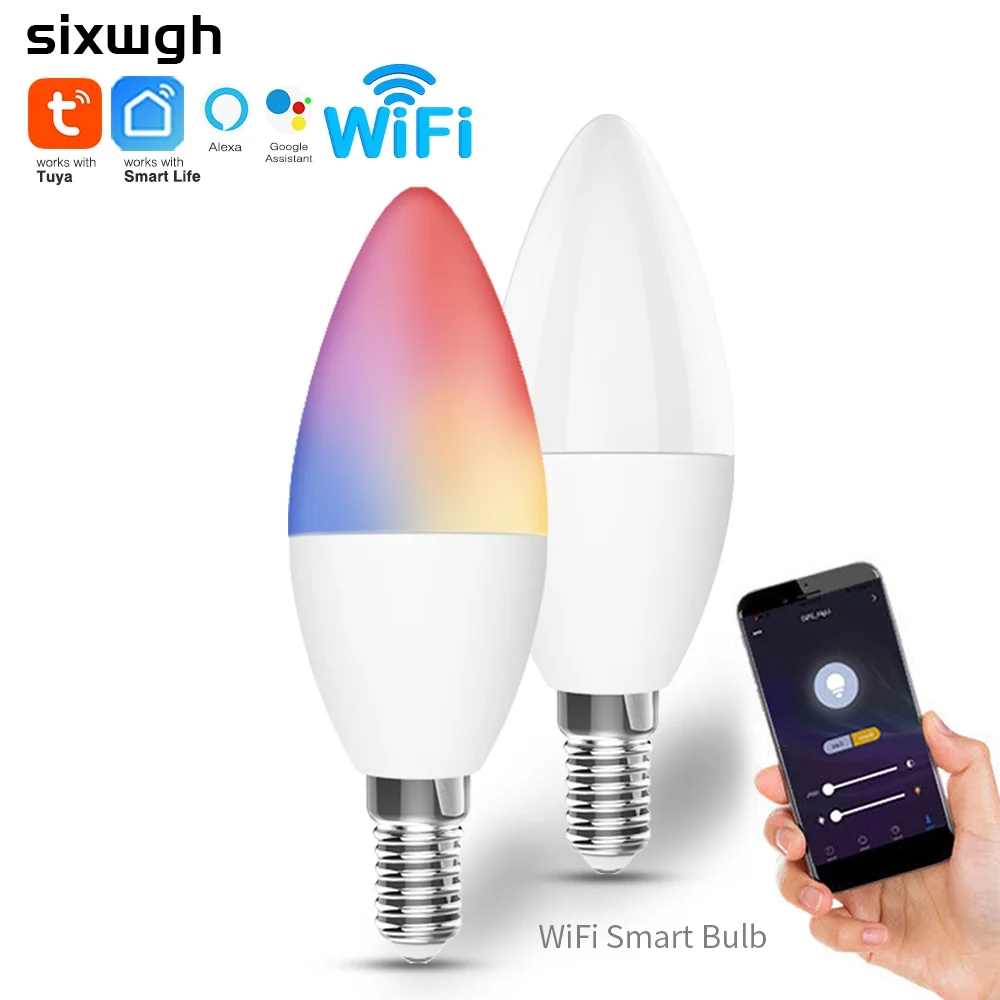 SIXWGH 3.5W Smart Light Lamp Wifi Color Bulb E14 LED RGB+White Light Dimmable Timer Function Tuay Smart life App Support Aleax