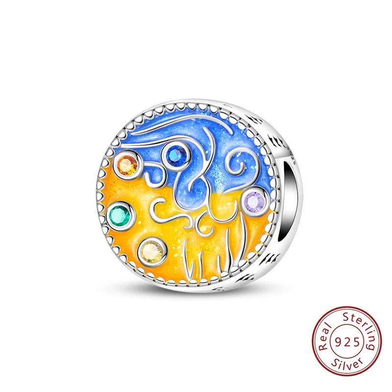 

New 925 Sterling Silver Charms Fit Original Bracelet Necklace DIY Starlit Sky Oil Painting Beads For Women Birthday Jewelry