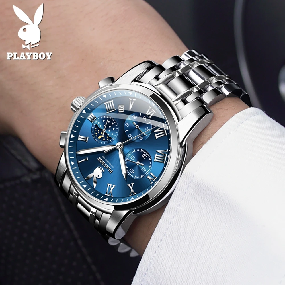 

Мужские часы PLAYBOY 3026 Original Luxury, с 24-часовым циферблатом, светящимися стрелками, кварцевым механизмом, функцией фаз луны и водонепроницаемостью.