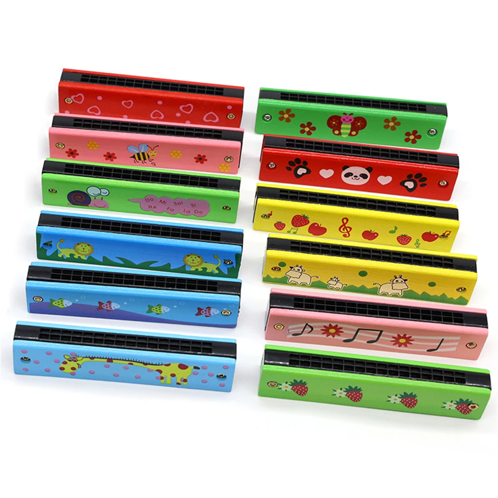 Wooden Harmonica Random Color Toys 16 Holes 1pcs Beginner Kids Musical Cartoon Cute Pattern Double Row Educational