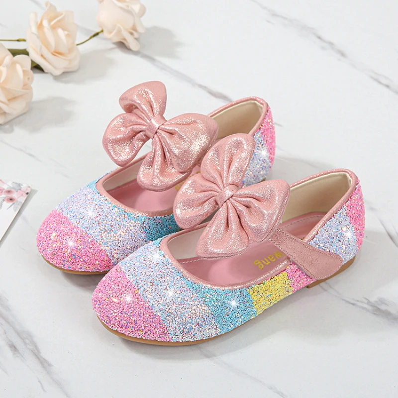 

Little Girl Leather Shoes Rainbow Sequins Versatile Children Princess Shoes with Bowtie Spring Autumn Fashion Kids Party Shoes