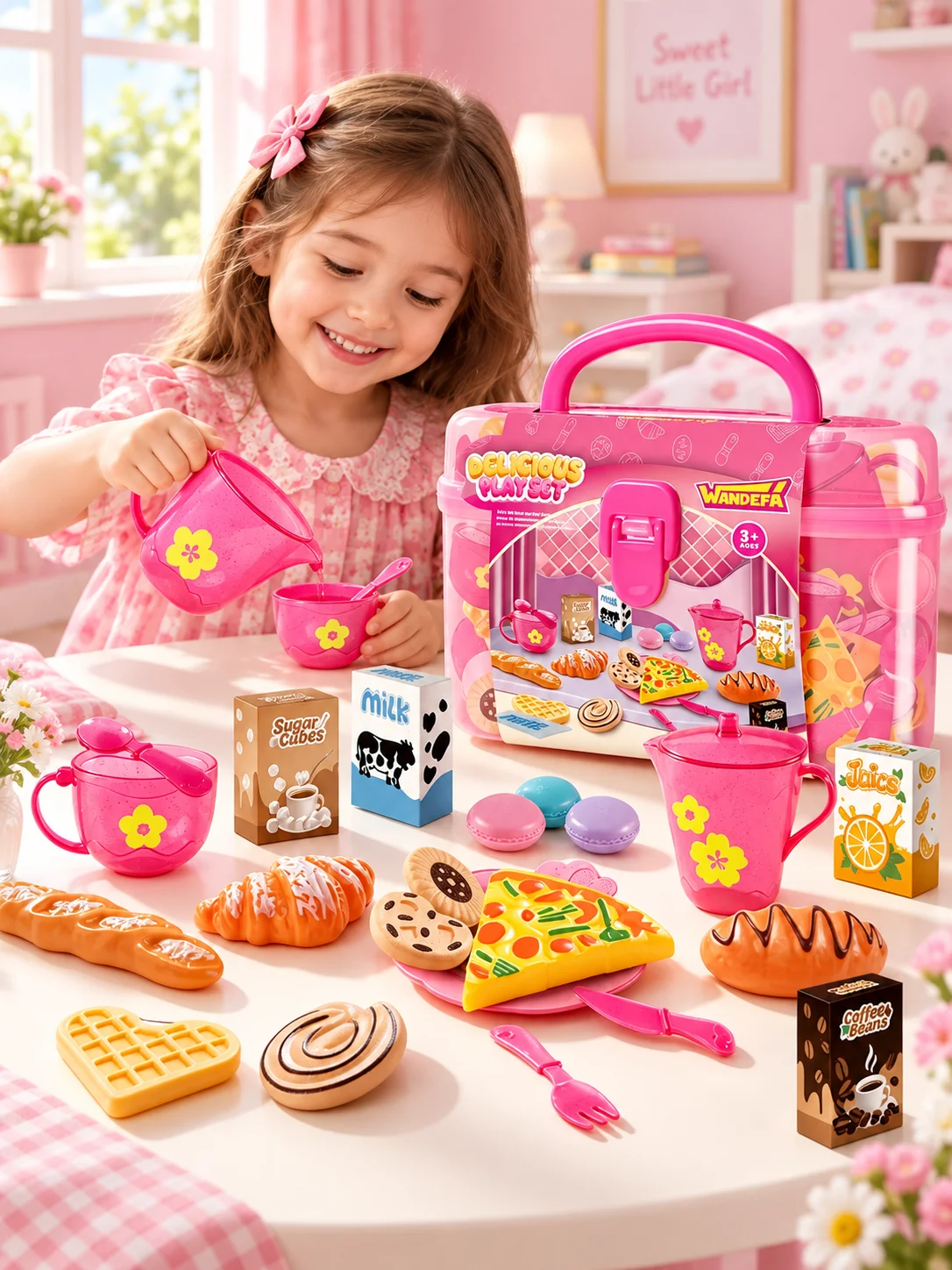 Tea Party Play Set Portable Storage Box High Simulation 25Pcs Dessert Kitchen Utensils Model Toys For Kid Boy Girl Birthday Gift